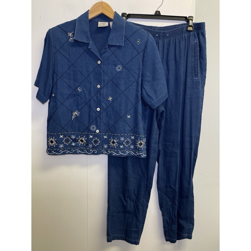 Koret City Blues Denim Shirt & Pants Set Womens M GrannyCore Embroidered Beads